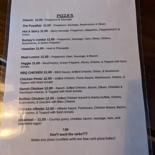 Pizza menu.