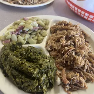 Loaded plate - pork BBQ, Bum&apos;s home grown collards, Lima&apos;s with chunks of ham.