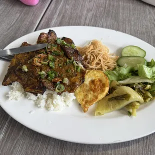 Broken rice, shredded pork, pork chopped and egg