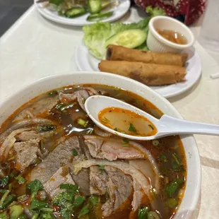 Create Your Own Pho with brisket meatballs and tendon. Ask for. spicy broth for a small up charge. Egg Roll