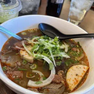 Bun Bo Hue - a sweet spicy beef noodle soup with beef shrank , beef tendon,l and others ! Highly recommended!!