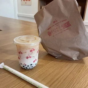 Golden tea boba &amp; sandwich in a bag