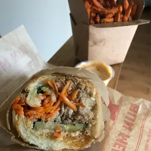 Five spice chicken banh mi &amp; sweet potato fries &amp; curry mayo