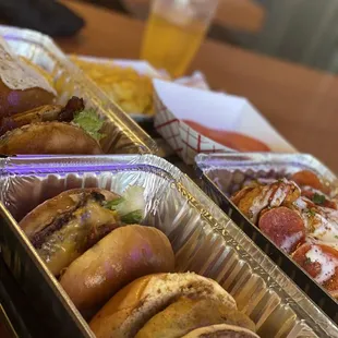 California Burger, Pizza Tots, Homemade Mac and Cheese