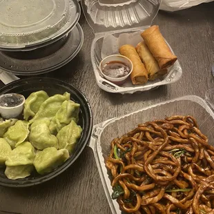 Shrimp and chive dumpling, Shanghai Thick Chow Mein, 4 Vegetarian Spring Rolls