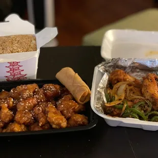 Sesame Chicken, Fried Rice, Spring Rolls and Spicy Chicken Wings