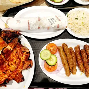Chicken ($8.00), Beef kabob 6 pc ($9.00), Roll ($12.00) and a side of rice($2.00).