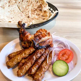 Chicken Tikka Leg/Thigh and Beef Seekh Kabob 6PC with Naan.