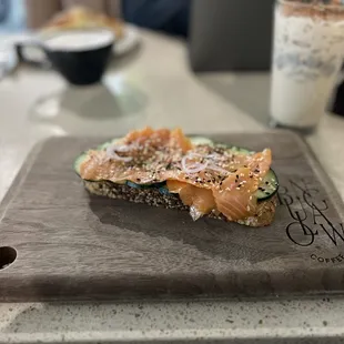 Iced chai tea latte with salmon lox toast