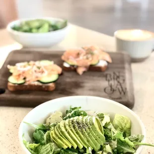 Lemon arugula salad  Salmon lox and Rosemary latte in the background