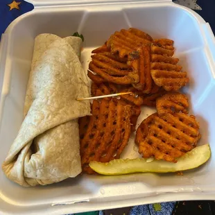 Chicken Sandwich wrap with Waffle-Cut Sweet Potato Fries!