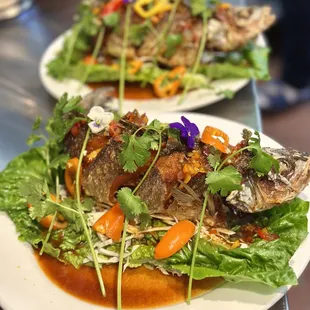 Whole fish, Crispy Branzino in homemade sweet and sour sauce