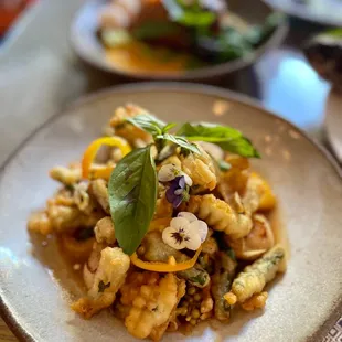 Japanese scallops, tempura long beans, wild ginger, bird&apos;s eye chili, basil &apos;&apos;