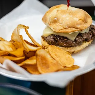 a burger and chips