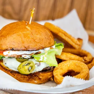 a burger and onion rings