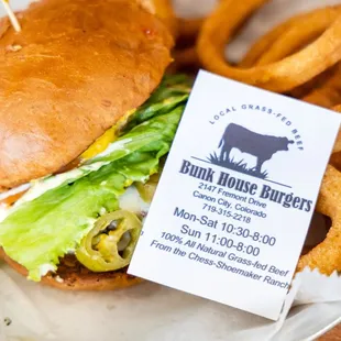 a burger and onion rings