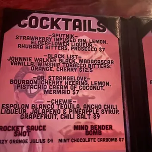 Cocktail menu