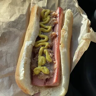 Grilled dog w mustard and bacon jam