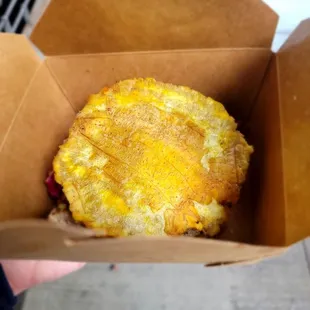 Griot-pork plantain/bananann peze sandwich. Tasty