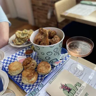 Chicken bucket, biscuits, pickles and rose