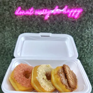 Strawberry crumble, pineapple crumble, and biscoff donuts.