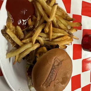 The number 5 onion burger with fries