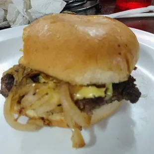 Kid&apos;s burger with added grilled onions. Kiddos enjoyed them.