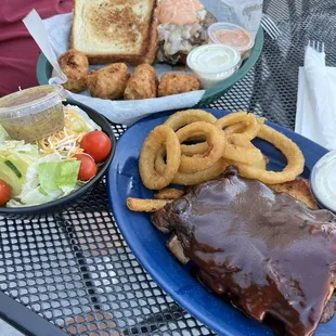 1/3 slab ribs, onion rings, Fatty Melt, loaded tater tots, side salad