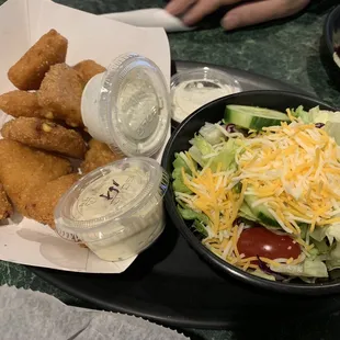 Fried Mac n cheese bites w Tiger sauce and a side salad