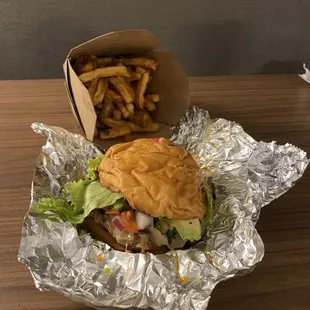 Chorizo burger and French Fries