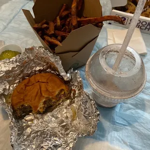 Amazing sweet potato fries, shake and burger