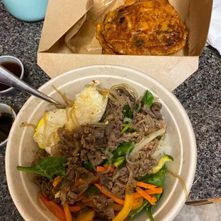 Kimchi pancake and bi bim bop.