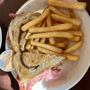 $11 Rueben. Extra $ for fries. Fries were outstanding!! Hot &amp; crispy &amp; tender inside. I used the 1,000 Island for the fries. So Good!