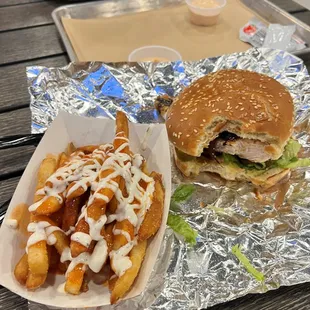 Chicken sandwich and hot fries