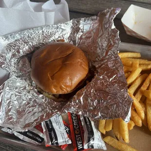 Burger and ketchup packets.
