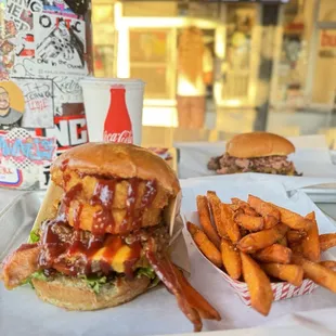 Western cheese burger with added pastrami + sweet tater fries
