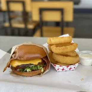 Bacon Cheez Burger and Onion Rings
