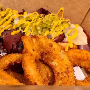 Pastrami hot dog and onion rings