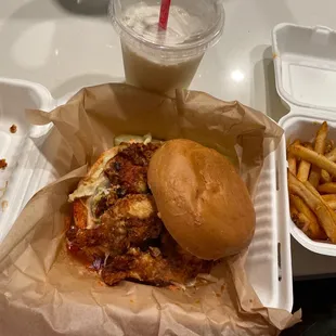 Spicy Nashville Hot Chicken Sandwich with French Fries and a Vanilla Shake