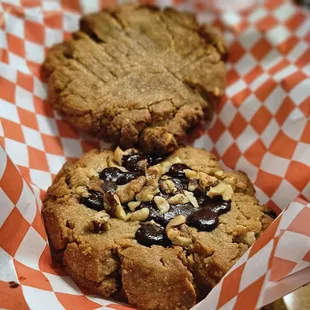 Vegan peanut butter cookie and peanut butter walnut chocolate chip