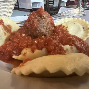 Kid portion Ravioli with meatball.