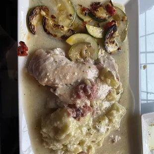 Pan seared chicken mashed potatoes and grilled zucchini