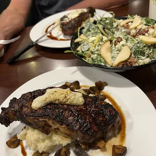 New York strip, sautéed mushrooms, mashed potato&apos;s and Blue Cibo salad.