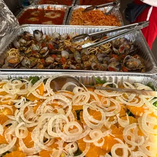 a variety of food in pans