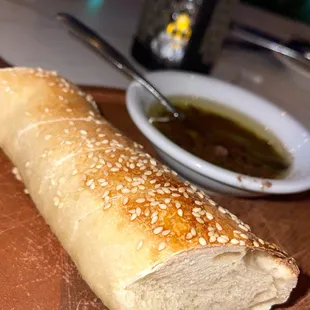 Bread served with olive oil spread