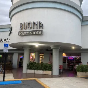 Sign and outdoor seating area