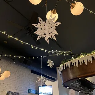 snowflakes hanging from the ceiling