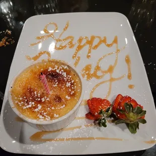 Complimentary birthday dessert- delicious creme brulee!