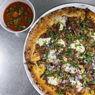 Birria Pizza w/ Consommé dipping sauce