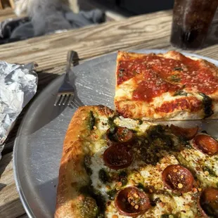 Slice specials (cupped pepperoni with pesto and a square of the Grandma)